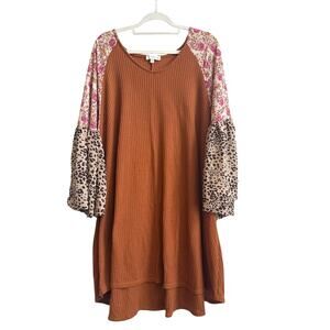 Umgee Rustic Orange Waffle Knit Top with Dramatic Mixed Print Sheer Boho Sleeves